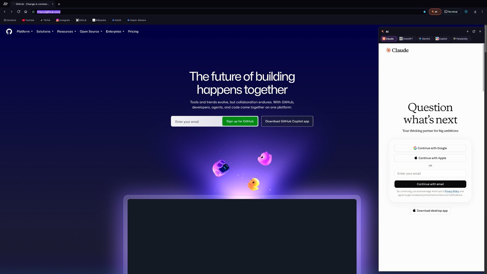 Kepler browsing GitHub with the AI side panel open