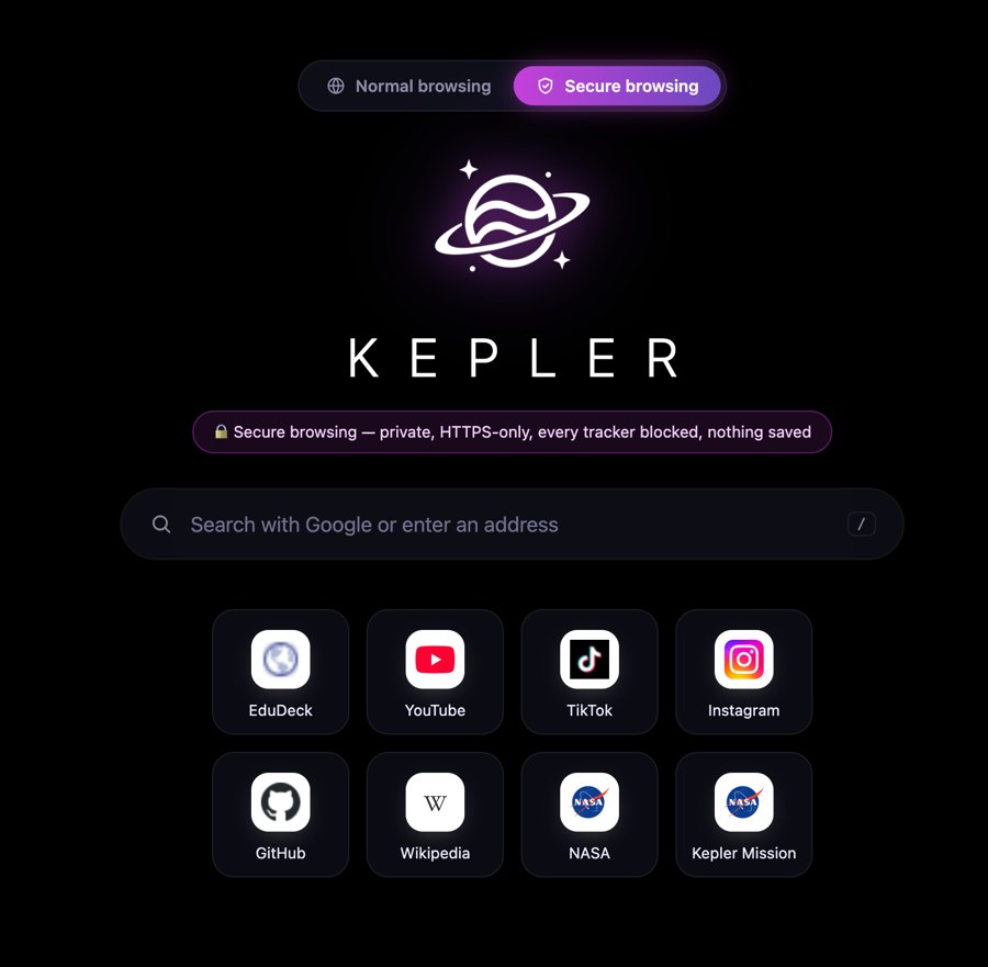 Kepler start page in Secure browsing mode with shortcut tiles