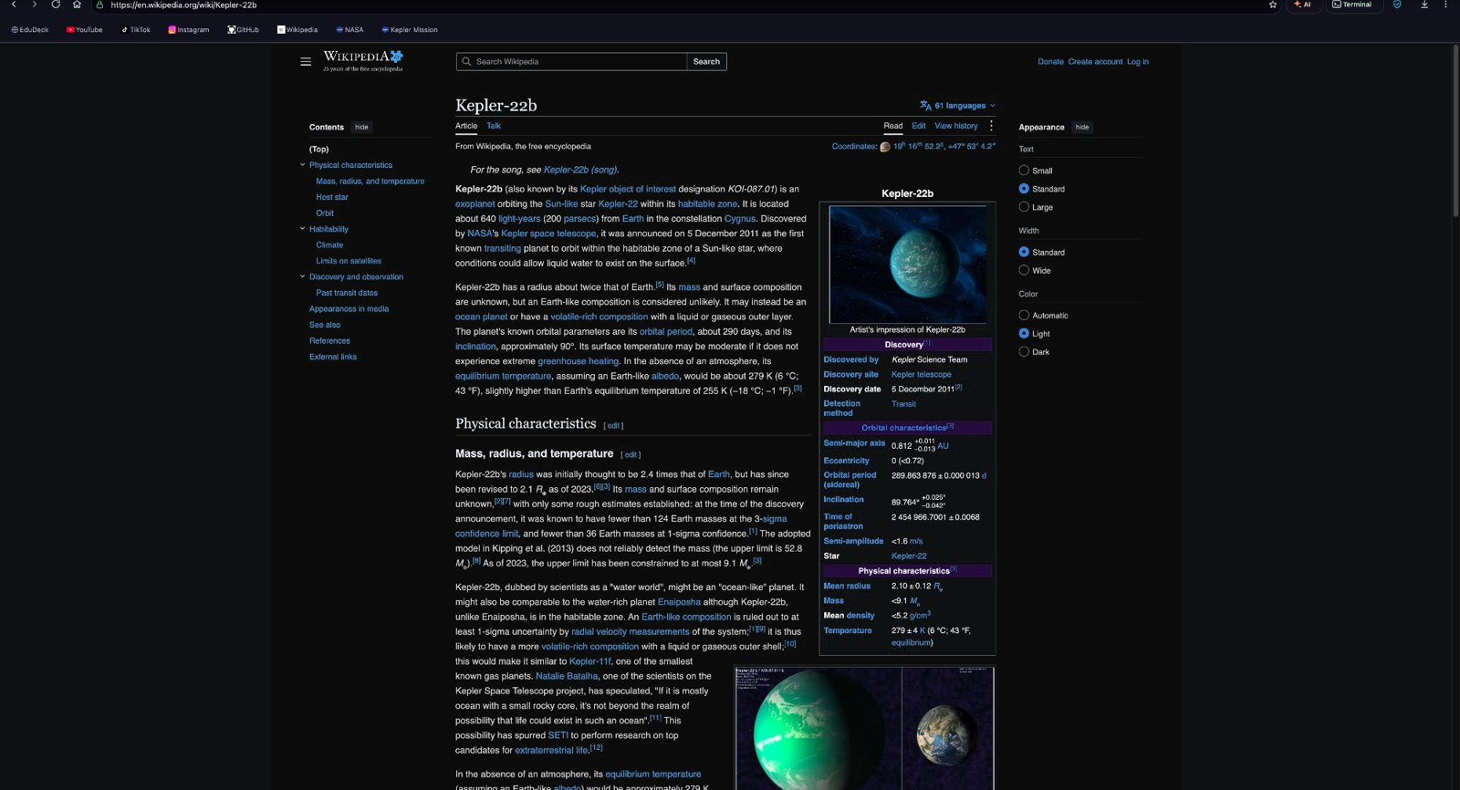 Kepler showing a Wikipedia article on Kepler-22b in dark mode